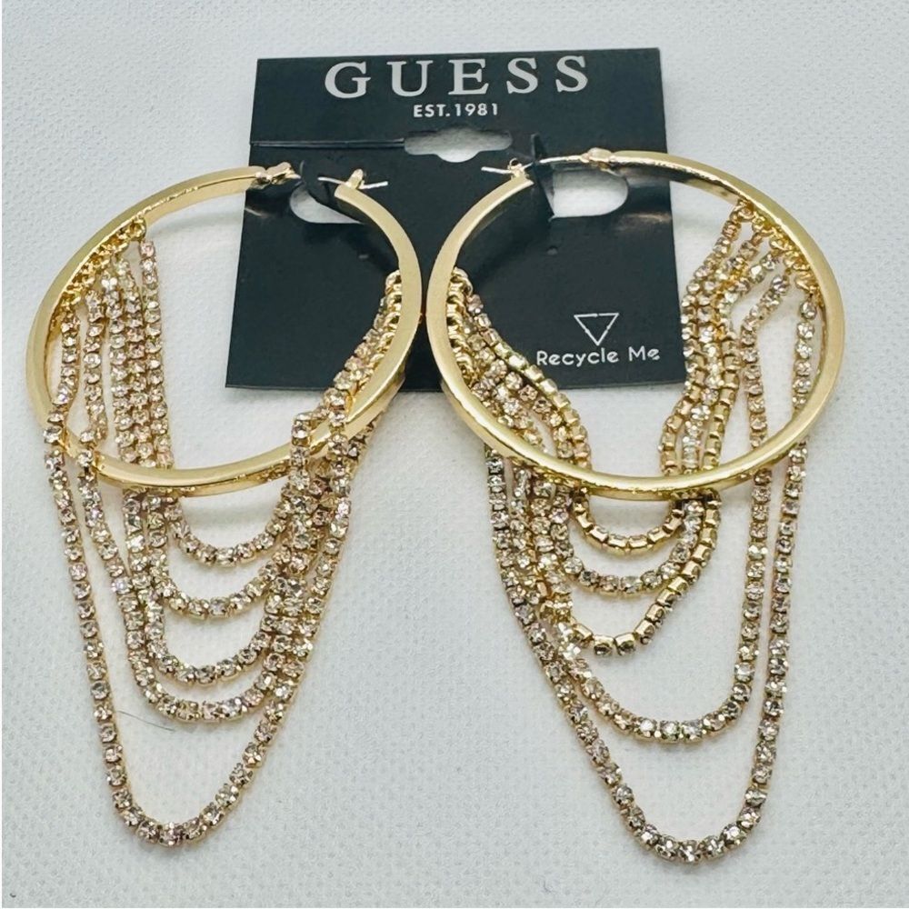 NWT *Guess* Gold Hoop Earrings with Rhinestone Chains - Picture 2 of 6